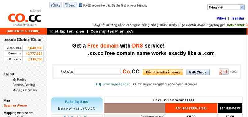Cách đăng kí tên miền miễn phí CO.CC