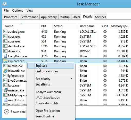 Cách khởi động lại Explorer trên Windows 8
